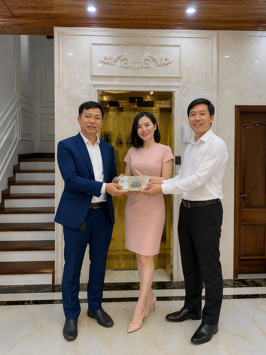 Ba người mặc trang phục công sở trao tiền trong sảnh thang máy sang trọng